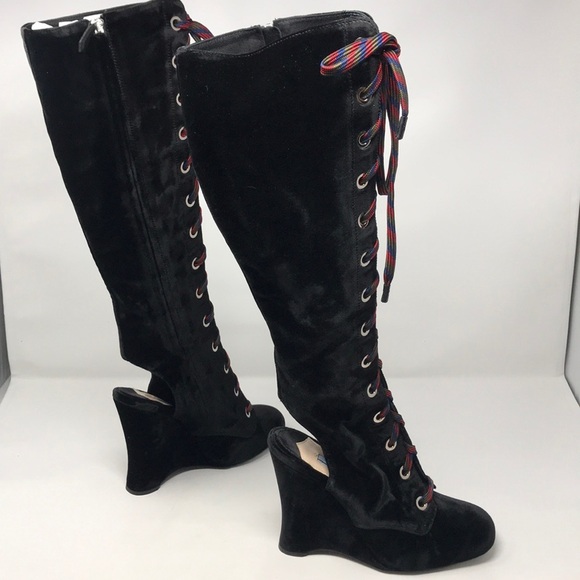 Prada Black Lace Up Velvet Runway Boots NIB - Picture 5 of 8